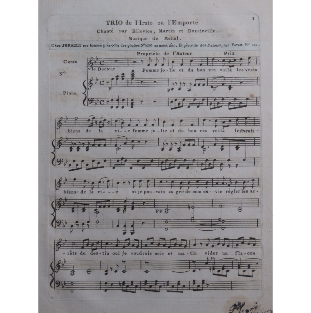 MÉHUL L'Irato ou l'Emporté Trio Chant Piano ca1810