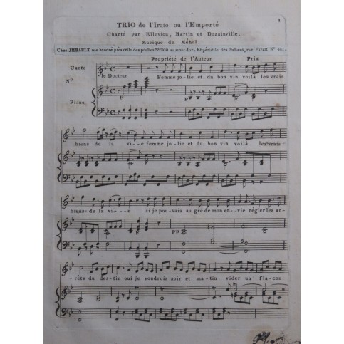 MÉHUL L'Irato ou l'Emporté Trio Chant Piano ca1810