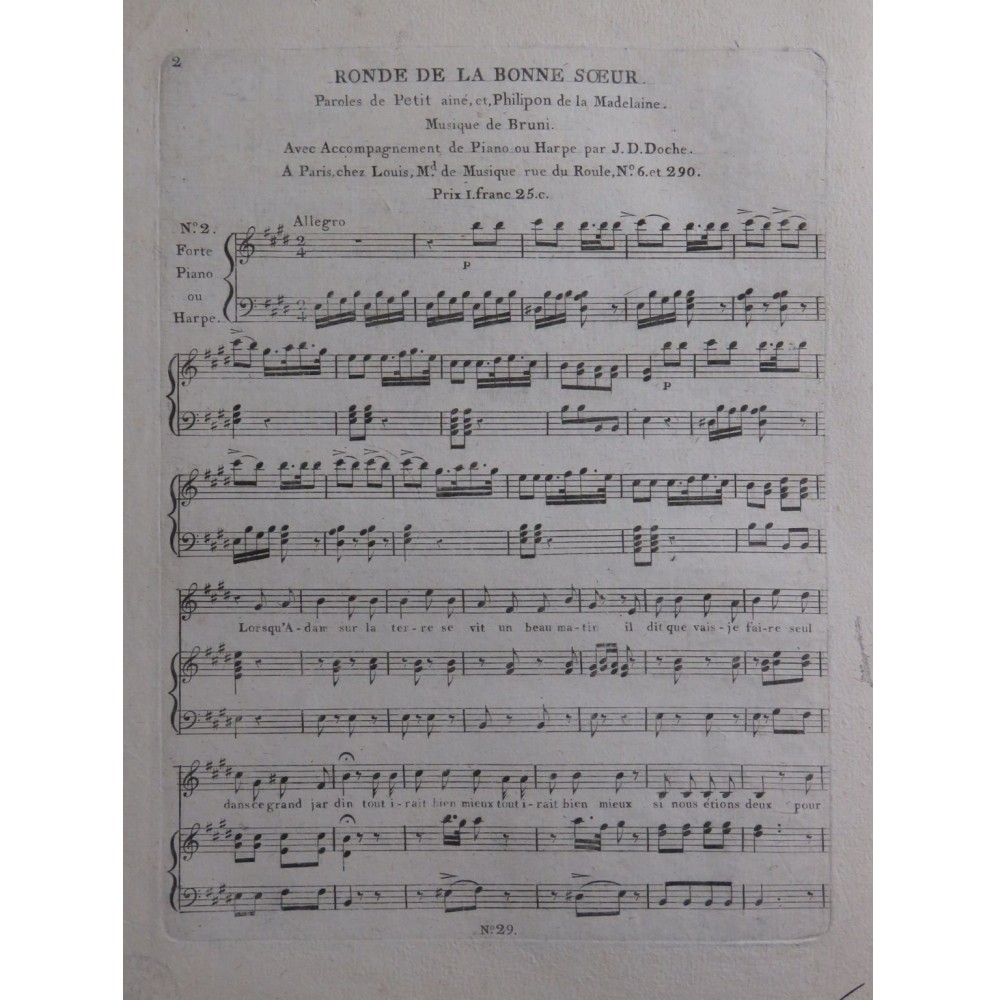 BRUNI Ronde de la Bonne Soeur Chant Piano ou Harpe ca1800