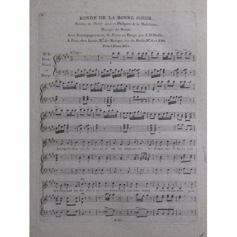 BRUNI Ronde de la Bonne Soeur Chant Piano ou Harpe ca1800