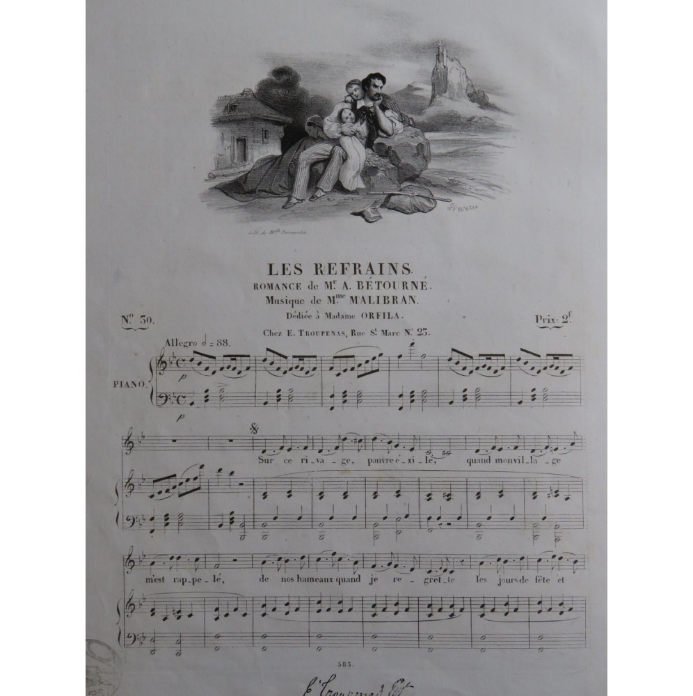 MALIBRAN Marie Les Refrains Chant Piano ca1830