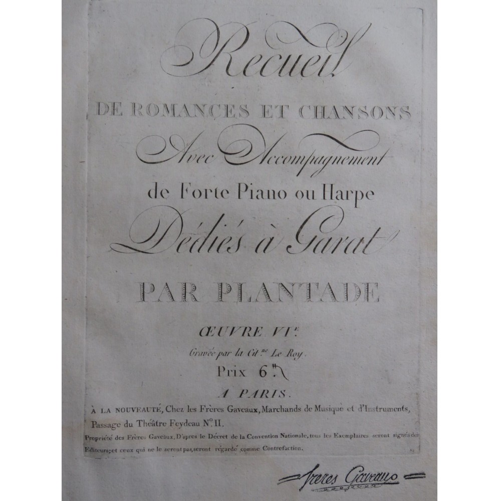 PLANTADE Charles Recueil de Romance op 6 Chant Piano ou Harpe ca1795