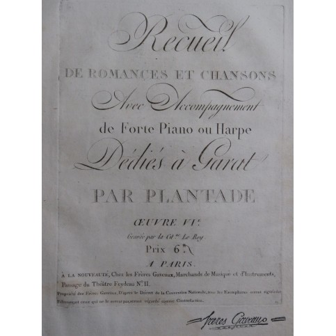PLANTADE Charles Recueil de Romance op 6 Chant Piano ou Harpe ca1795