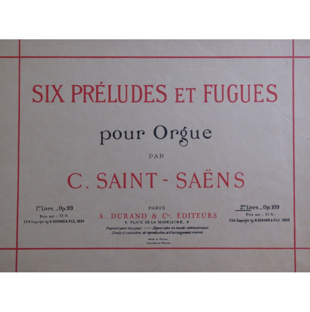 SAINT-SAËNS Camille Six Préludes et Fugues 2e Livre Orgue 1898
