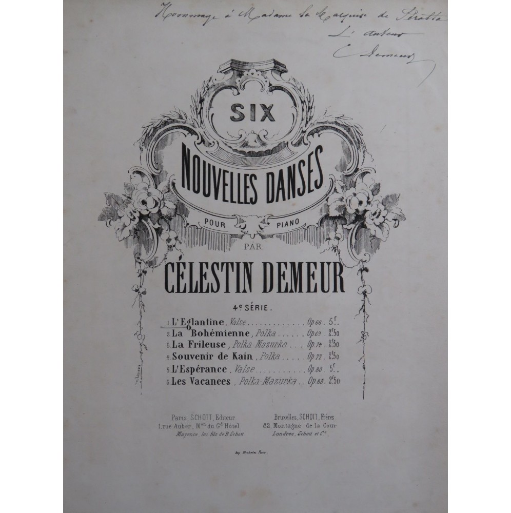 DEMEUR Célestin L'Eglantine op 66 Dédicace Piano ca1868