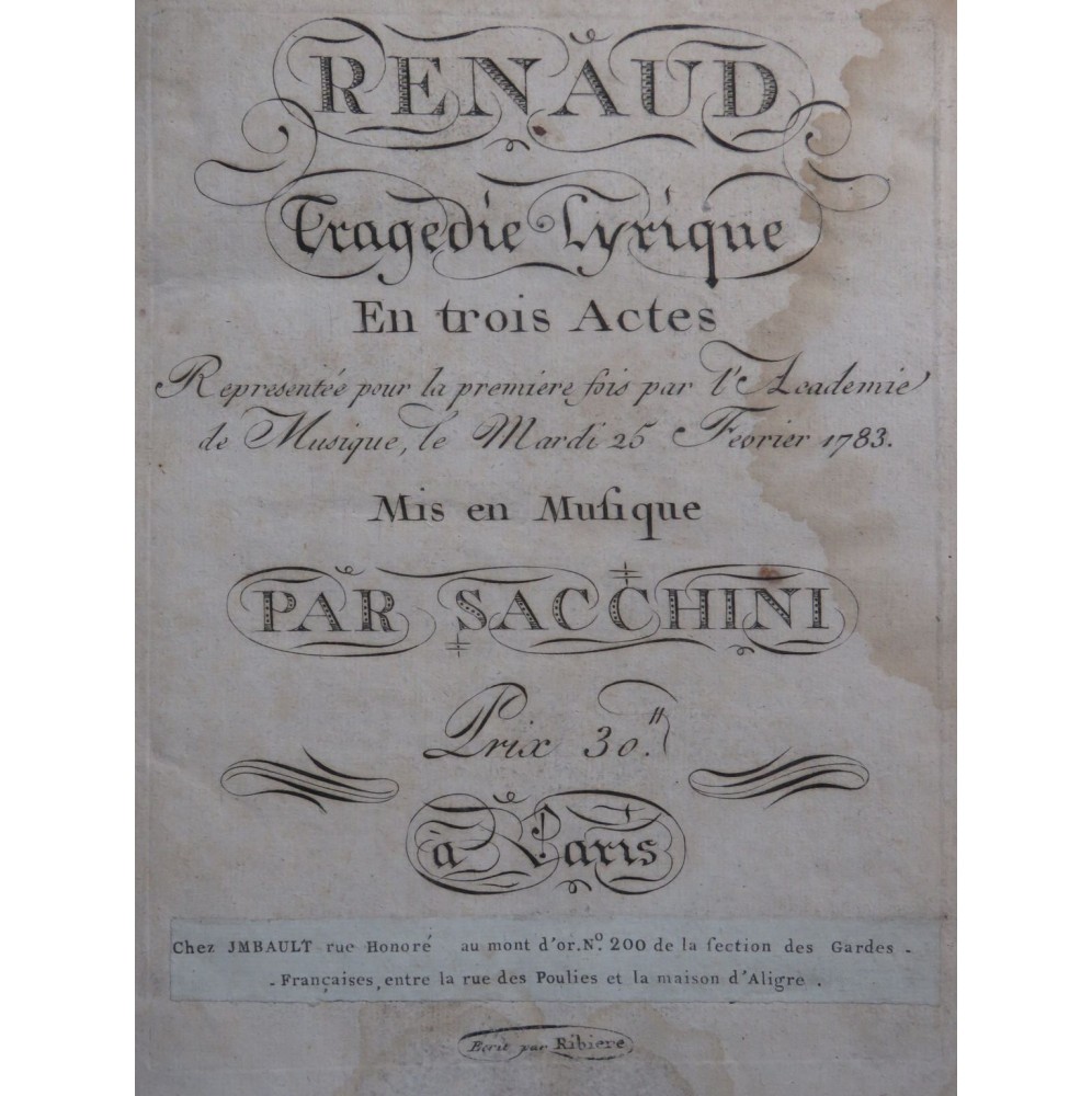 SACCHINI Antonio Renaud Opéra Chant Orchestre 1783