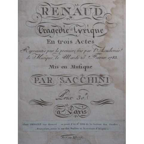 SACCHINI Antonio Renaud Opéra Chant Orchestre 1783