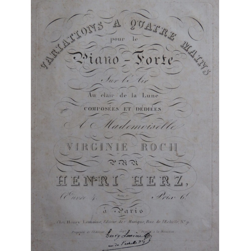 HERZ Henri Variations sur Au clair de la Lune op 4 Piano 4 mains ca1820