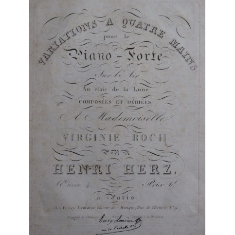 HERZ Henri Variations sur Au clair de la Lune op 4 Piano 4 mains ca1820