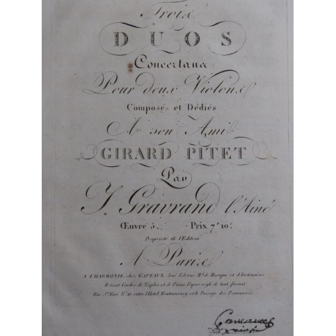 GRAVRAND Joseph Trois Duos op 5 pour 2 Violons ca1800