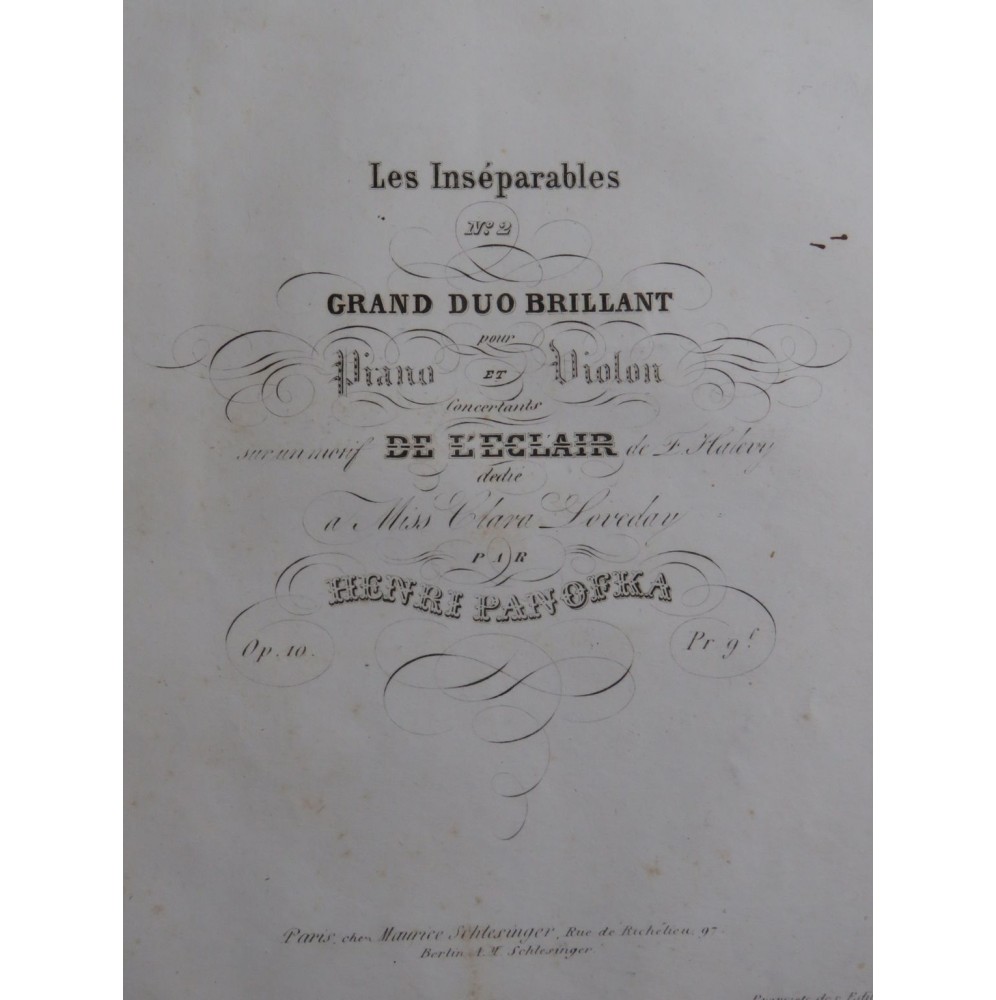 PANOFKA Henri Grand Duo Brillant sur L'Eclair op 10 Piano Violon ca1836
