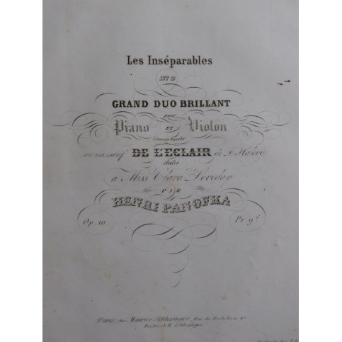 PANOFKA Henri Grand Duo Brillant sur L'Eclair op 10 Piano Violon ca1836