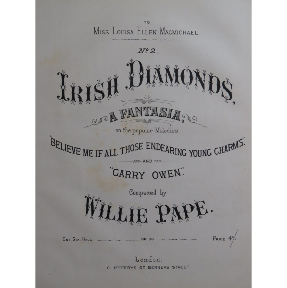 PAPE Willie Irish Diamonds Fantasia op 36 Piano XIXe