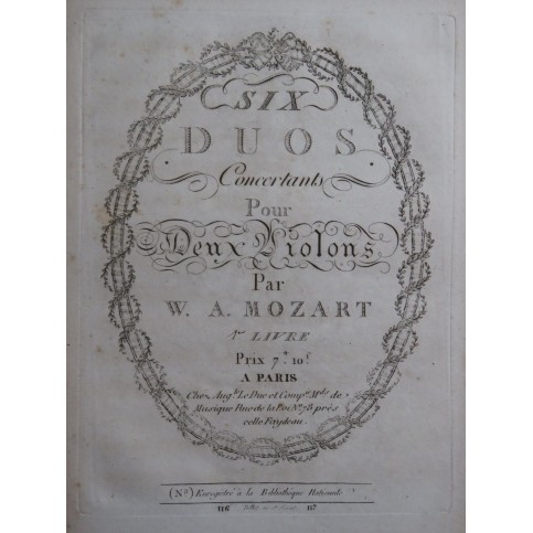 MOZART W. A. Six Duos Concertants 2 Violons ca1800