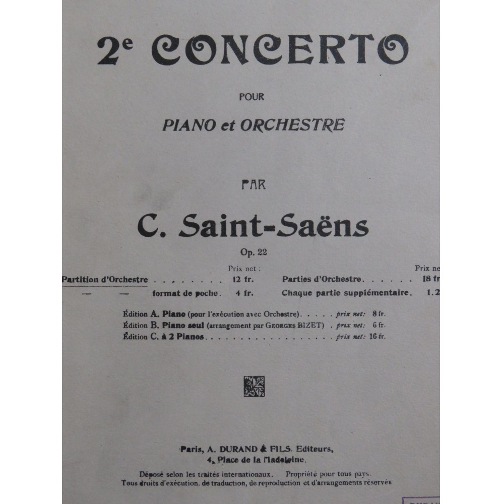 SAINT-SAËNS Camille Concerto No 2 op 22 Piano Orchestre ca1900