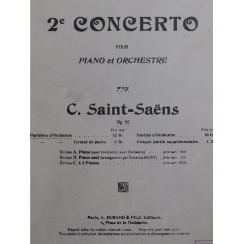 SAINT-SAËNS Camille Concerto No 2 op 22 Piano Orchestre ca1900