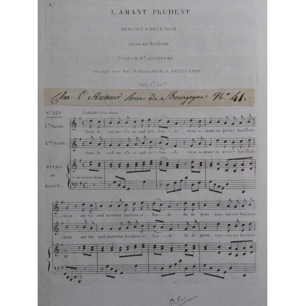 KRETSCHMER H. A. L'Amant Prudent Romance Chant Piano ou Harpe ca1820