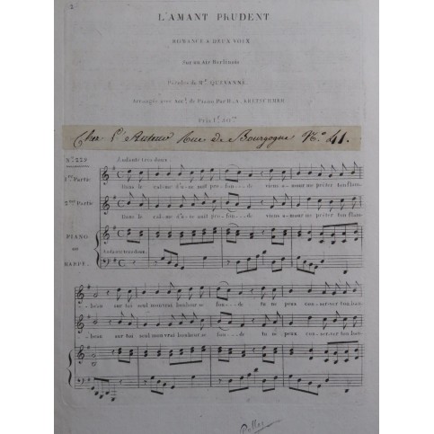 KRETSCHMER H. A. L'Amant Prudent Romance Chant Piano ou Harpe ca1820