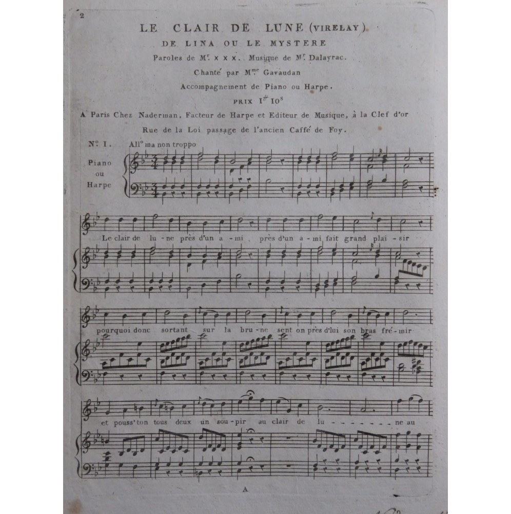 DALAYRAC Nicolas Lina ou Le Mystère No 1 Chant Piano ou Harpe ca1810