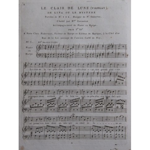 DALAYRAC Nicolas Lina ou Le Mystère No 1 Chant Piano ou Harpe ca1810