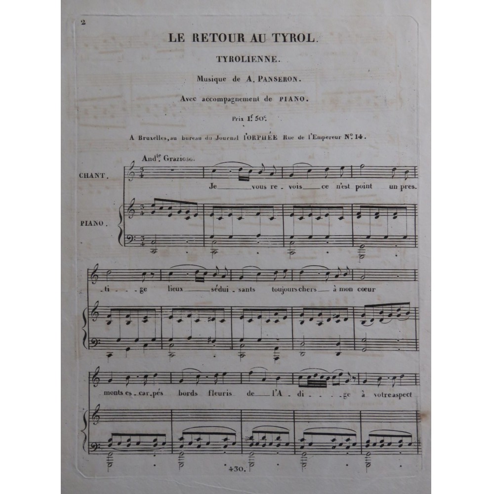 PANSERON Auguste Le Retour au Tyrol Chant Piano ca1830
