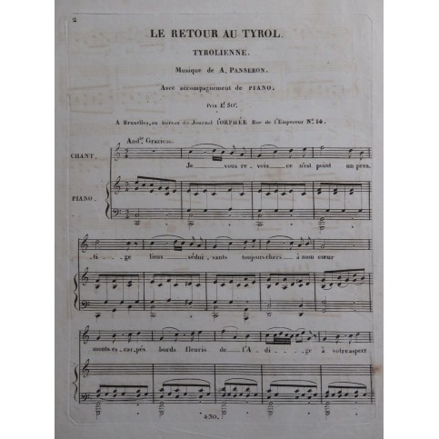 PANSERON Auguste Le Retour au Tyrol Chant Piano ca1830