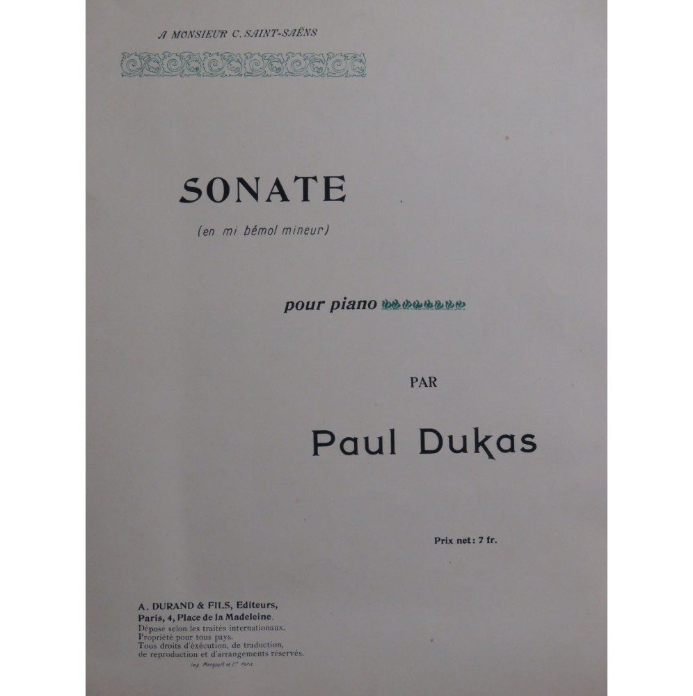 DUKAS Paul Sonate Piano 1900