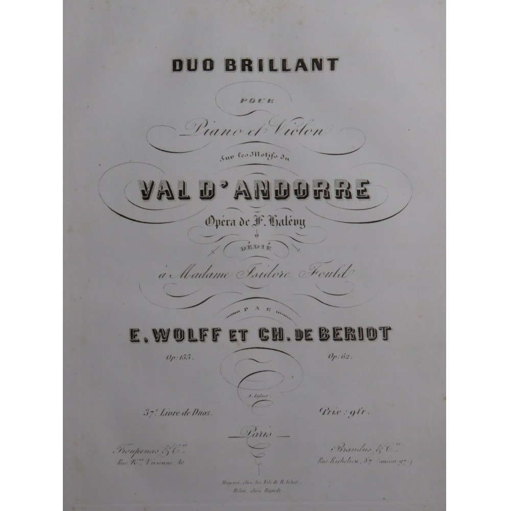 WOLFF E. DE BÉRIOT Ch. Duo Brillant op 155 Piano Violon ca1849