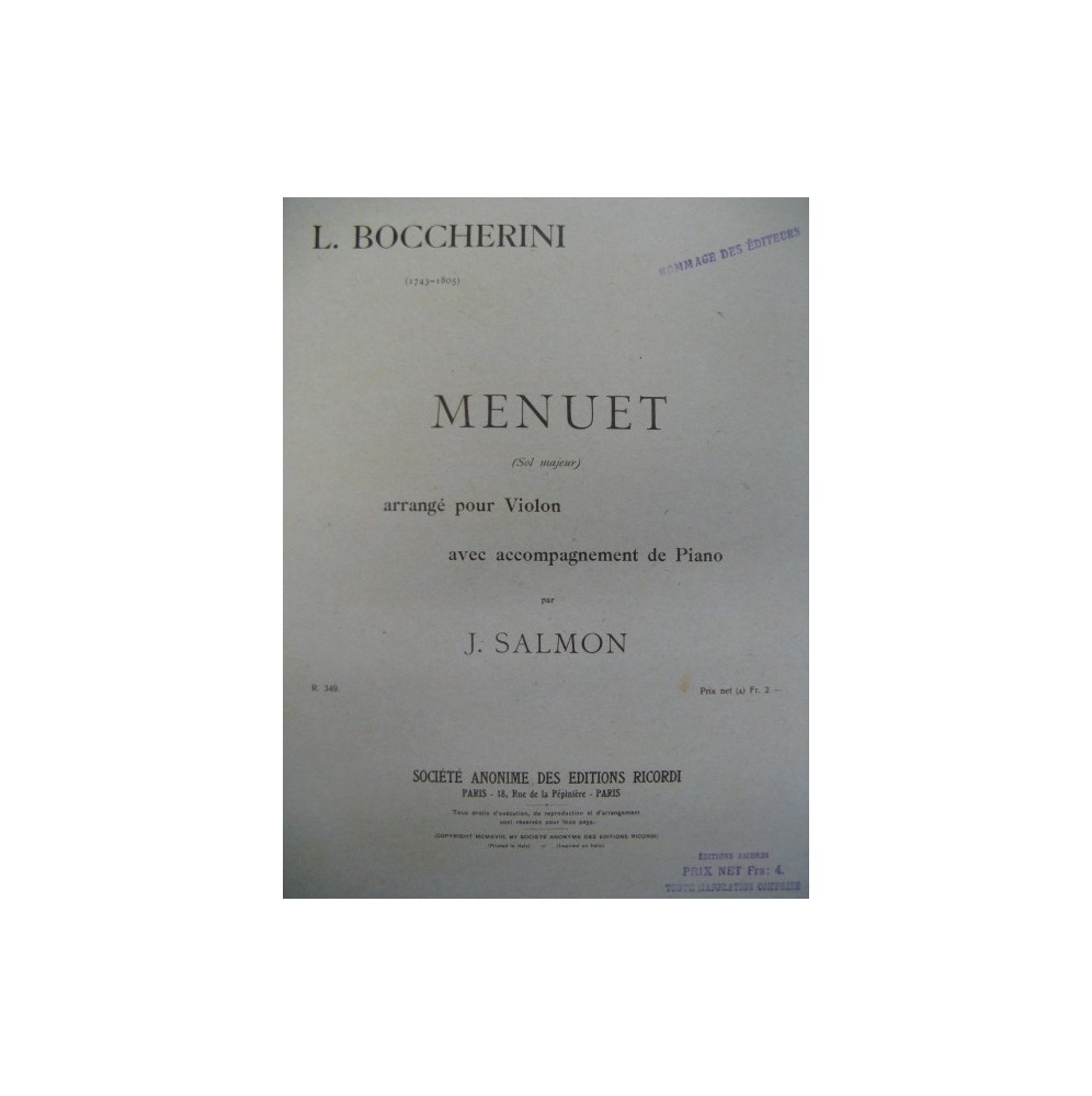 BOCCHERINI Luigi Menuet Violon Piano 1918