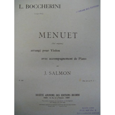 BOCCHERINI Luigi Menuet Violon Piano 1918