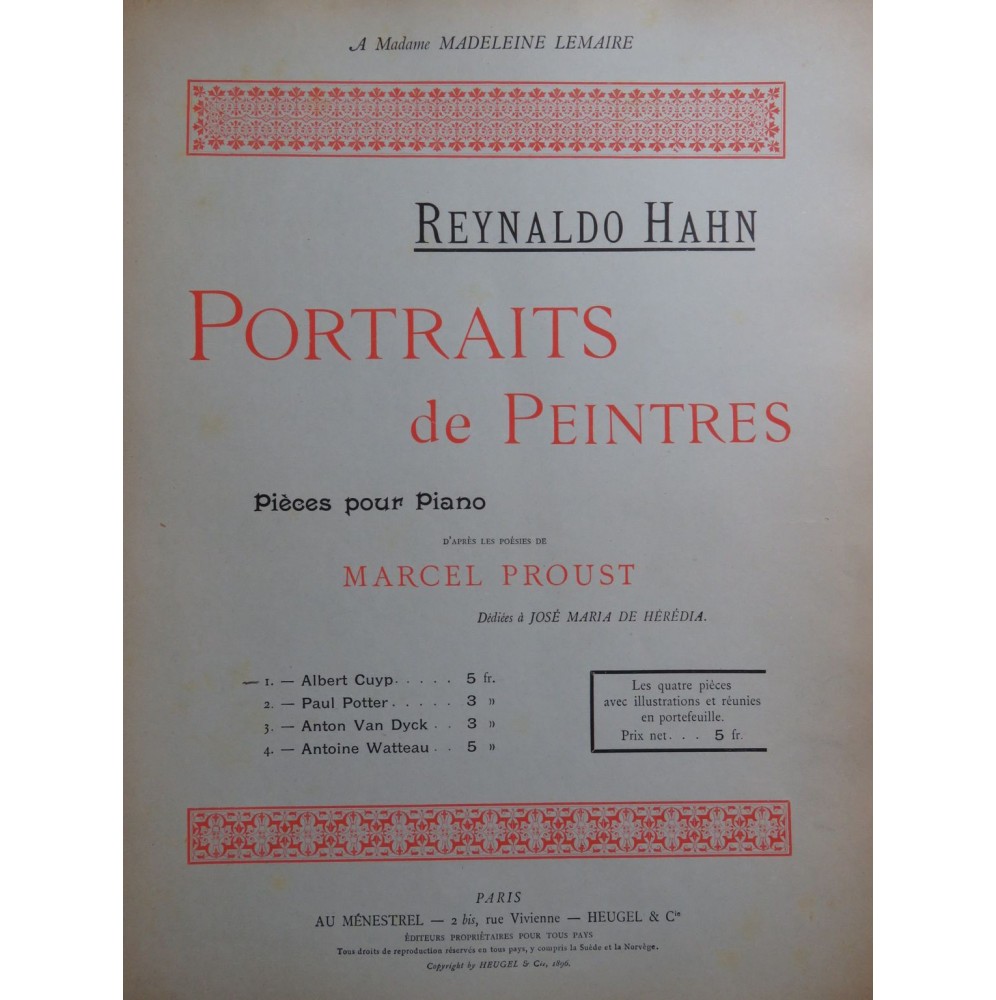 HAHN Reynaldo Portraits de Peintres Albert Cuyp Piano 1896