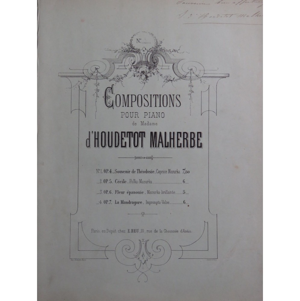 D'HOUDETOT MALHERBE Fleur Épanouie Dédicace Piano ca1850