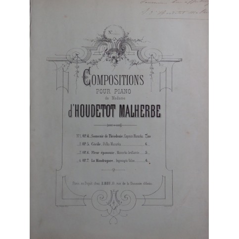 D'HOUDETOT MALHERBE Fleur Épanouie Dédicace Piano ca1850