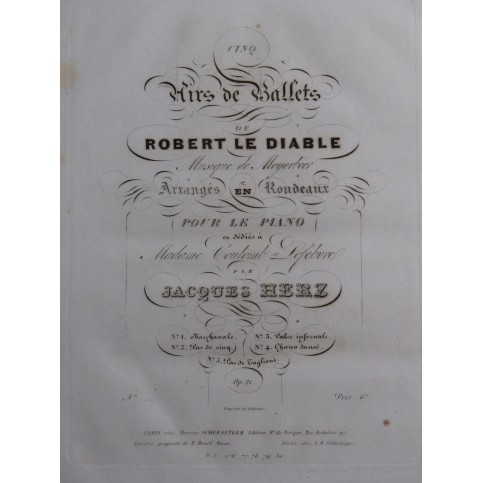 HERZ Jacques Air de Ballet Meyerbeer No 1 Bacchanale Piano ca1830