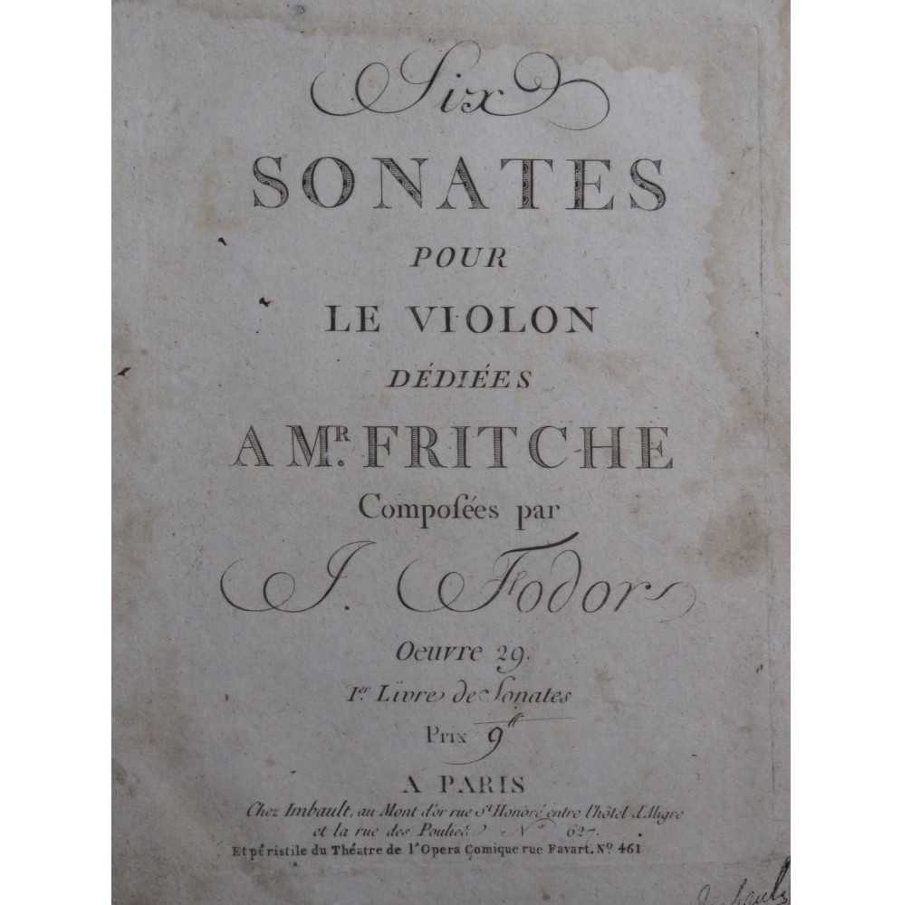 FODOR Josephus Six Sonates op 29 pour 2 Violons ca1790