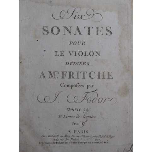 FODOR Josephus Six Sonates op 29 pour 2 Violons ca1790