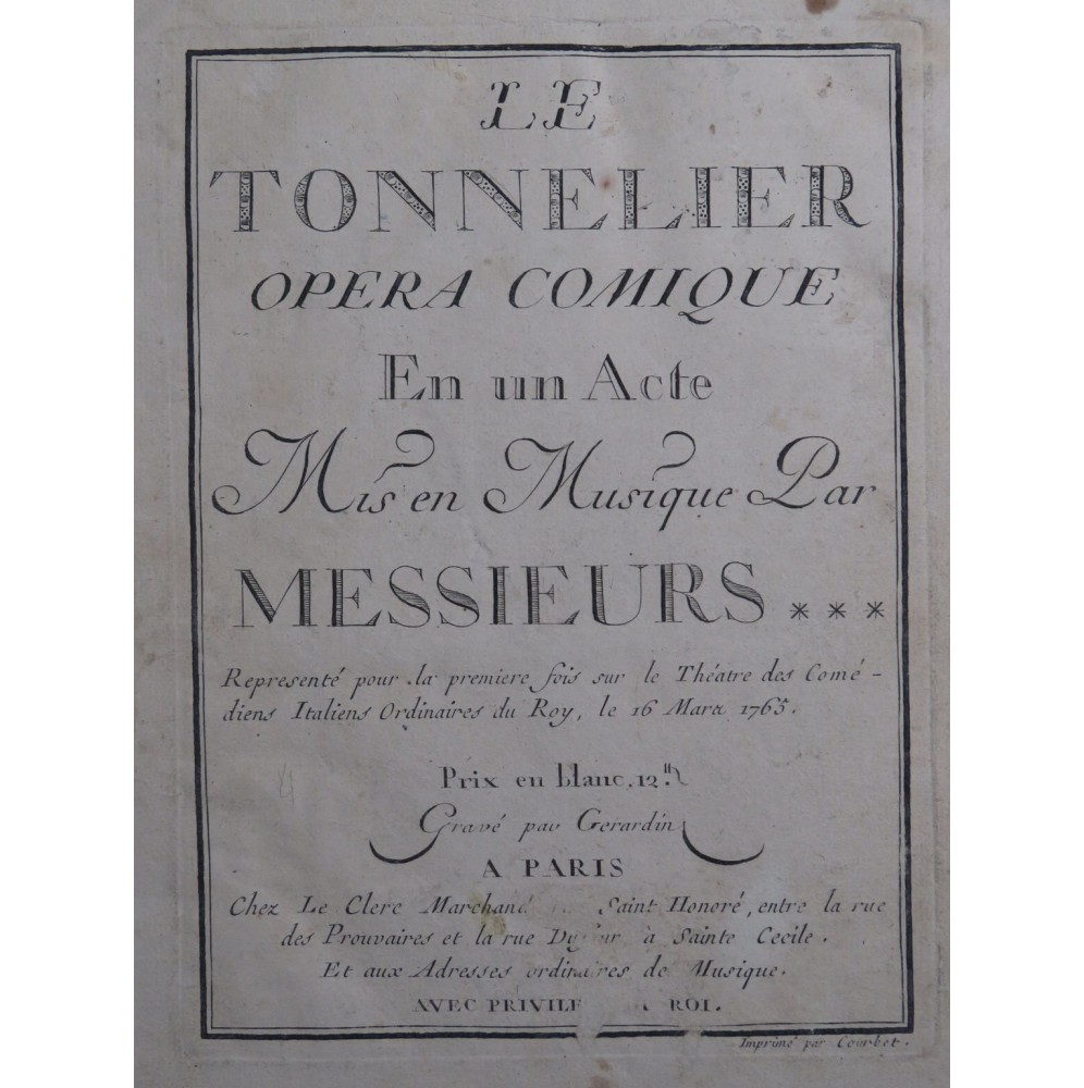 AUDINOT Nicolas-Médard Le Tonnelier Opéra Chant Orchestre 1765