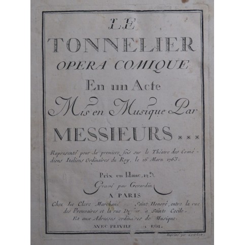 AUDINOT Nicolas-Médard Le Tonnelier Opéra Chant Orchestre 1765