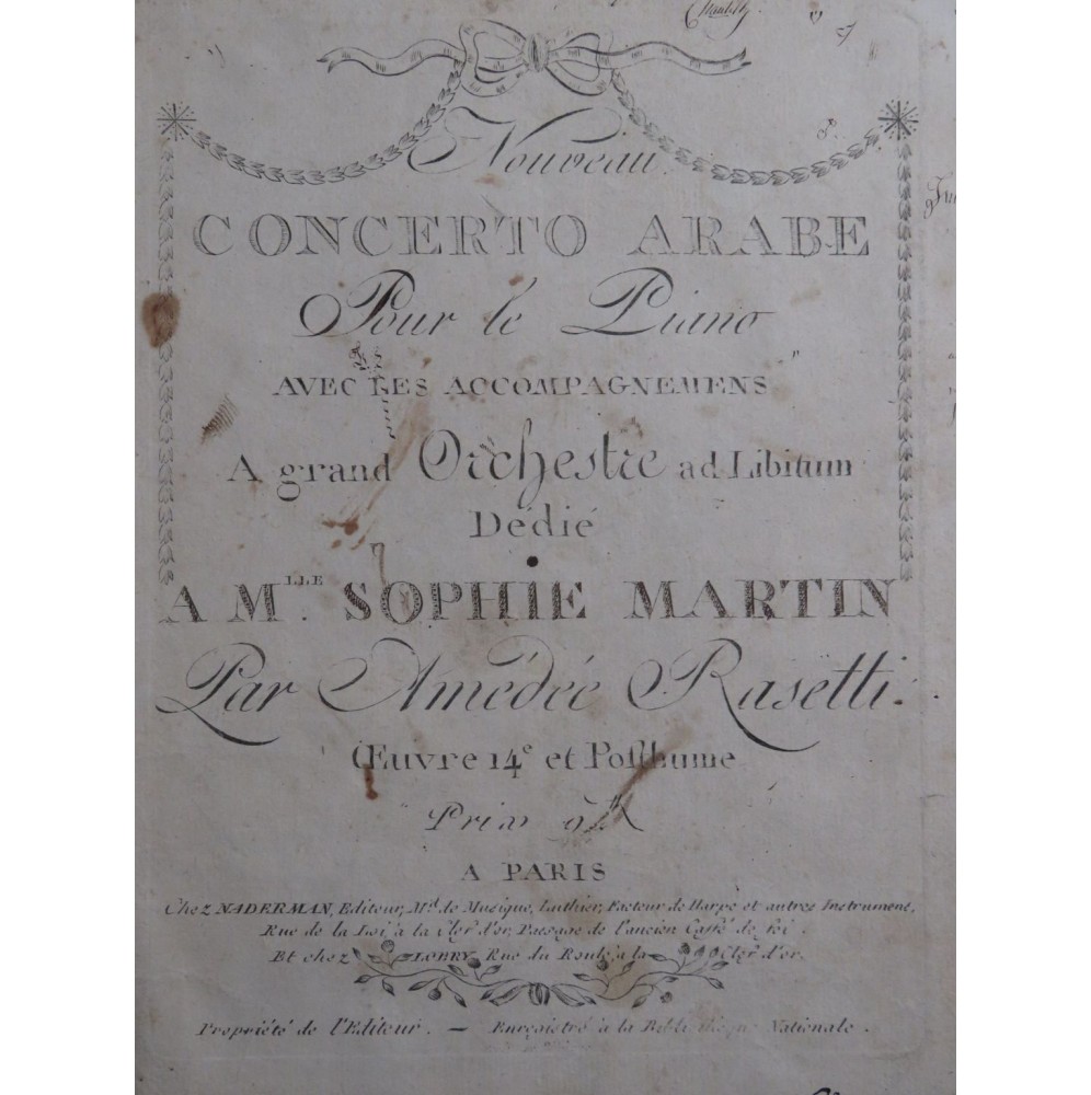 RASETTI Amédée Nouveau Concerto Arabe op 14 Piano ca1800