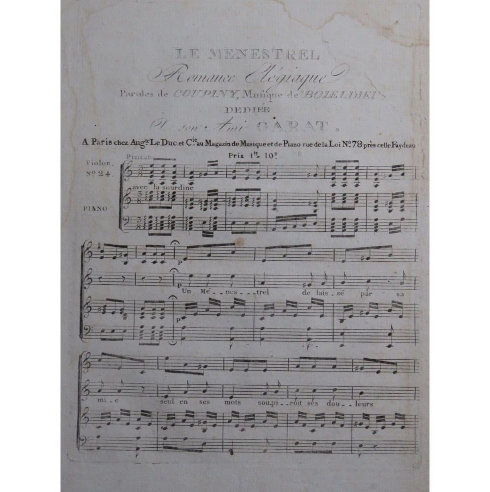 BOIELDIEU Adrien Romance Elégiaque Chant Piano Violon ca1810