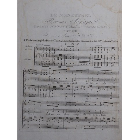 BOIELDIEU Adrien Romance Elégiaque Chant Piano Violon ca1810
