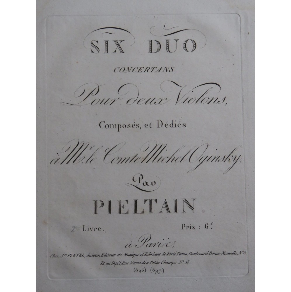 PIELTAIN Dieudonné-Pascal Six Duos Concertants 2e Livre 2 Violons ca1815