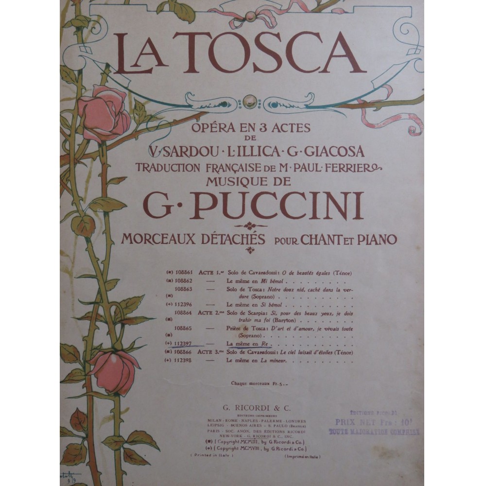PUCCINI Giacomo La Tosca Prière de Tosca Piano Chant 1908