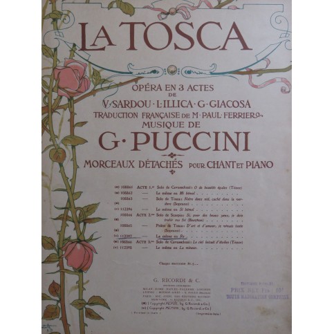 PUCCINI Giacomo La Tosca Prière de Tosca Piano Chant 1908