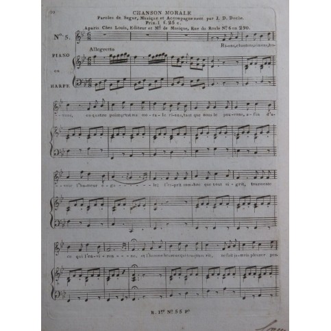 DOCHE J. D. Chanson Morale Chant Piano ou Harpe ca1820