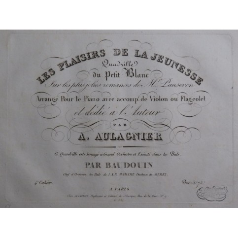 AULAGNIER A. Quadrille Créole Piano Flûte Violon Flageolet ca1850