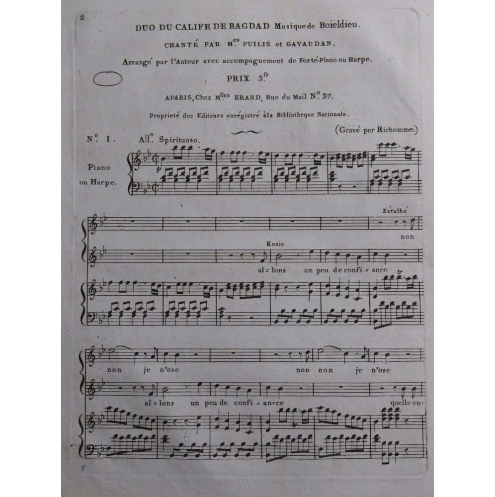 BOIELDIEU Adrien Duo du Calife de Bagdad Chant Harpe ou Piano ca1810