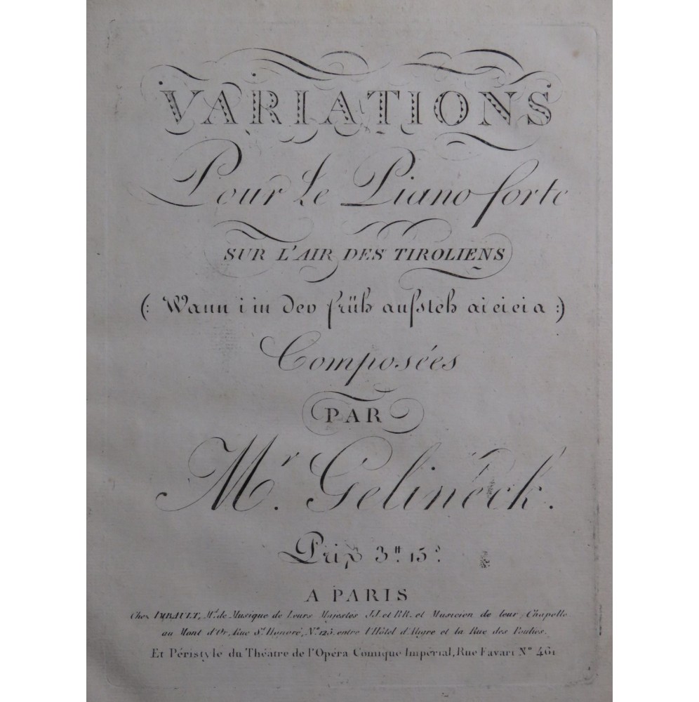 GELINEK Joseph Variations sur l'Air des Tyroliens Piano ca1815