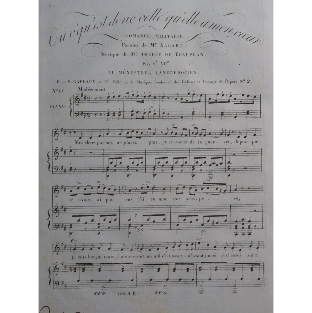DE BEAUPLAN Amédée Où c'qu'est donc Chant Piano ca1820