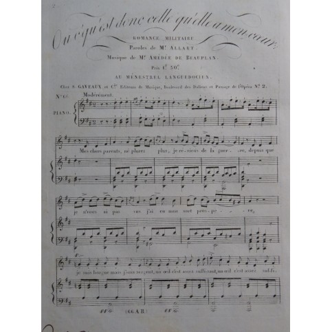 DE BEAUPLAN Amédée Où c'qu'est donc Chant Piano ca1820